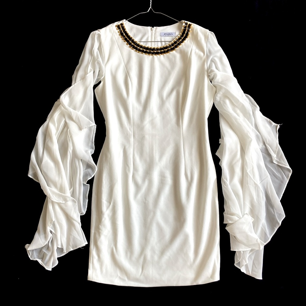 GRECIAN GODDESS #6 White Chiffon Sleeve Embellished Neck Dress S M L